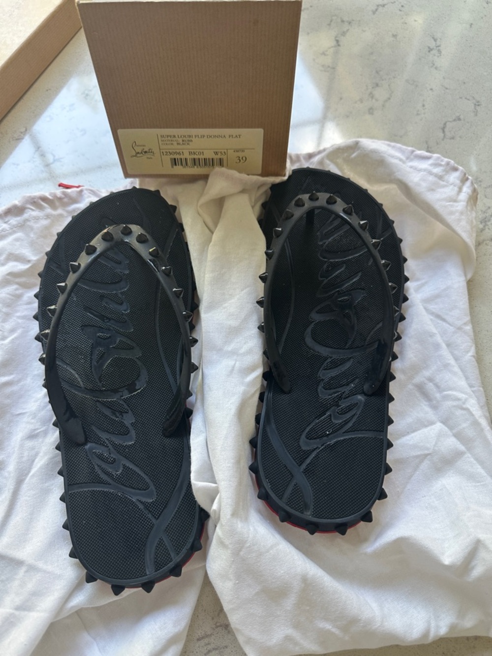 Christian Louboutin Black Studded Rubber Flip Flops with Red Sole Edge